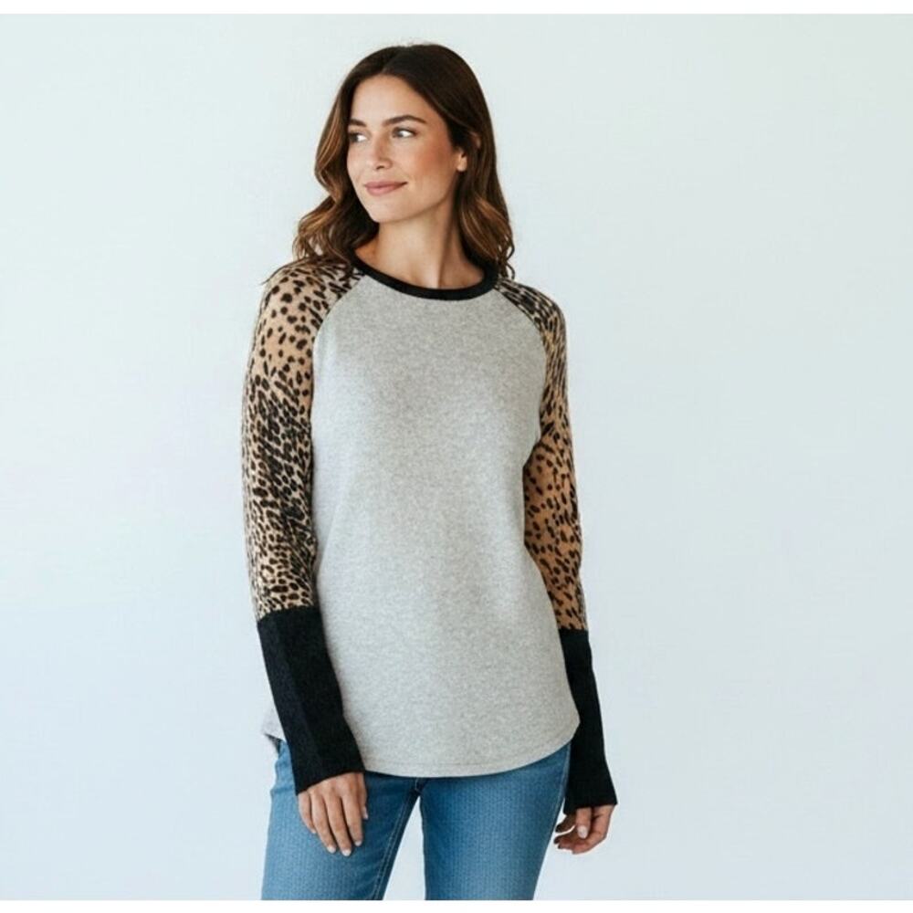 M Patmos 100% Cashmere Leopard Sleeve Sweater Contrast Knit Crewneck Size S